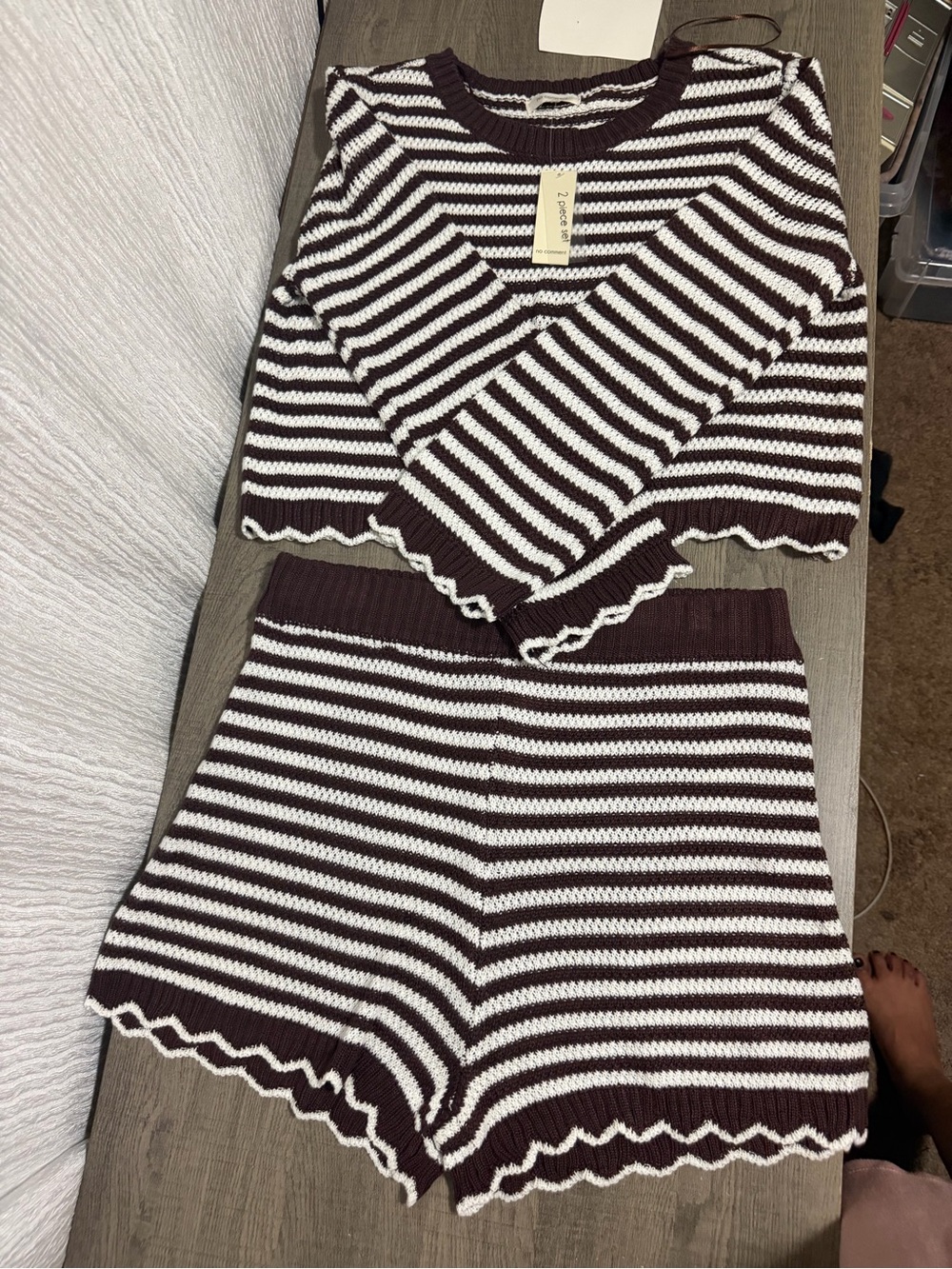Striped Knit Two-Piece Shorts Set - Brown & White